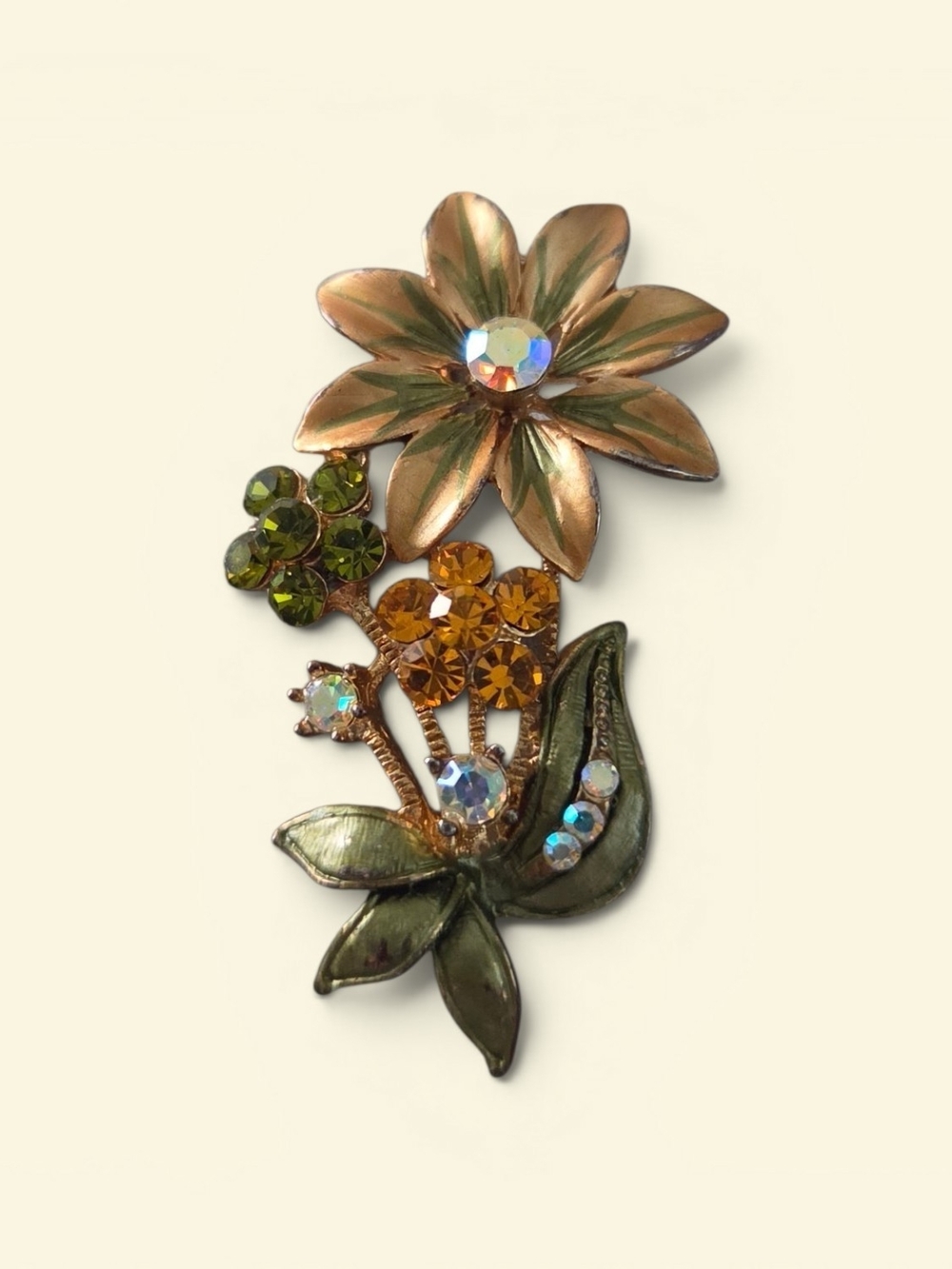 Floral Crystal Brooch in Olive Green and Gold